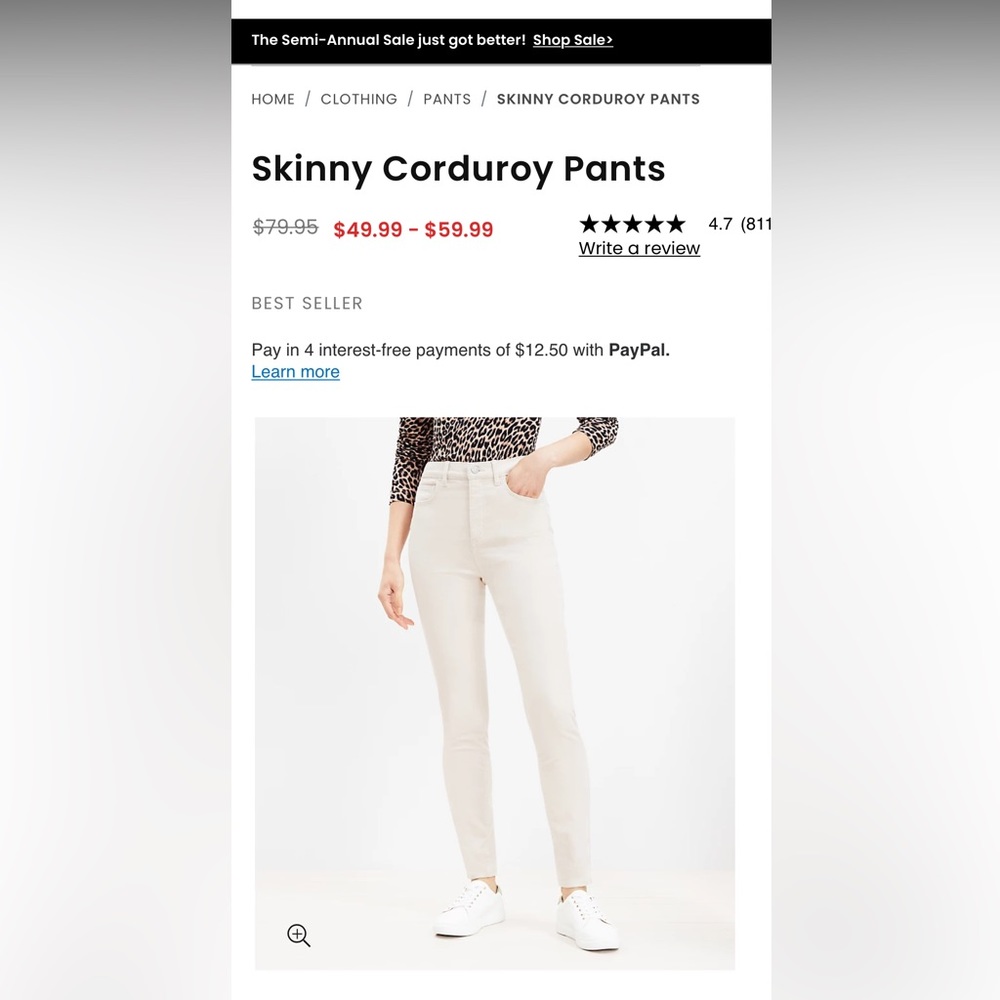 Ann Taylor LOFT Curvy Skinny corduroy cream white pants